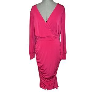 Ashley Stewart bright pink V neck long sleeve slinky bodycon dress NWOT 14/16